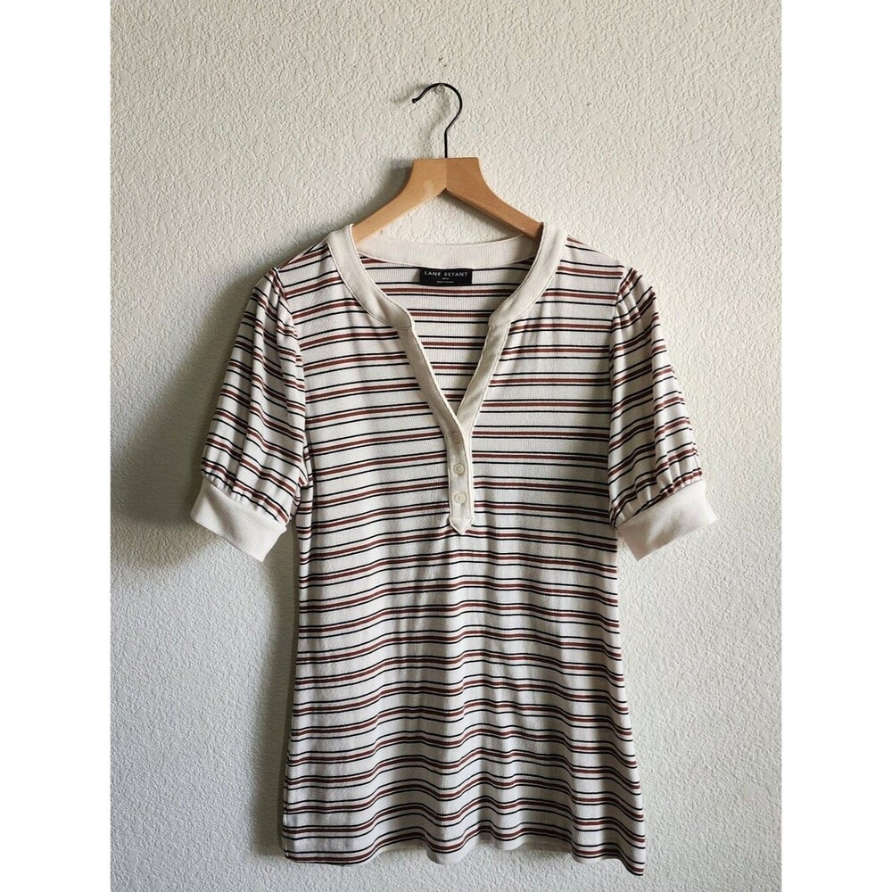 Lane Bryant Elbow Puff Sleeve Henley Split-Neck Popover Rib Tee